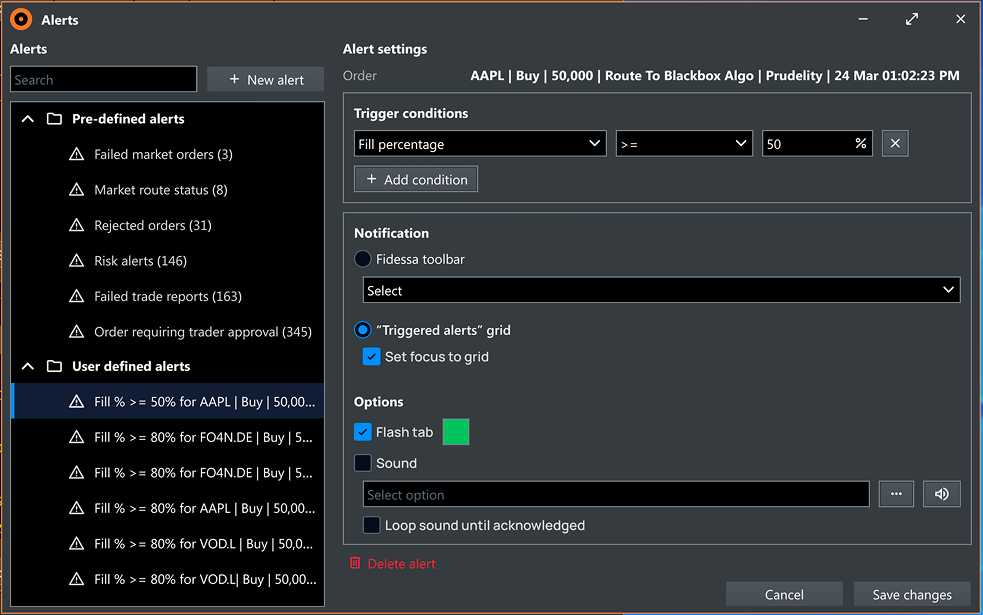 Unified alert hub: pre-defined and user-defined alerts with two-panel layout